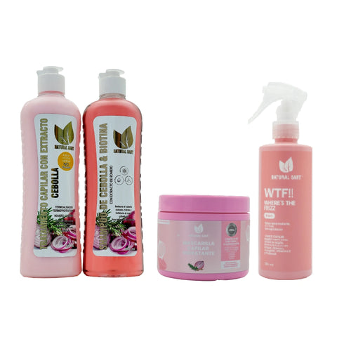 Combo Cuidado Capilar Completo: Cebolla, Romero y Biotina + Mascarilla Hidratante + Spray Antifrizz