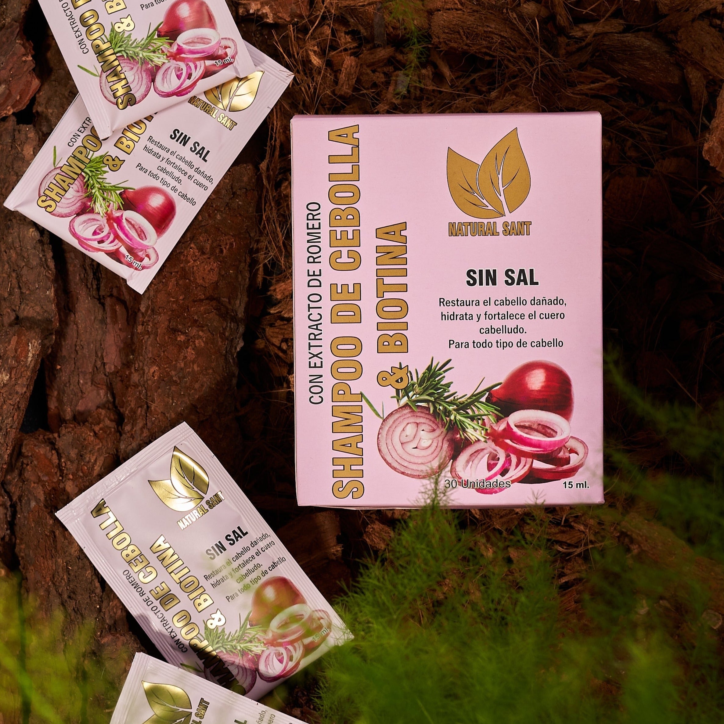 Caja Shampoo de Cebolla, Romero y Biotina x 30 sobres Natural Sant cosméticos