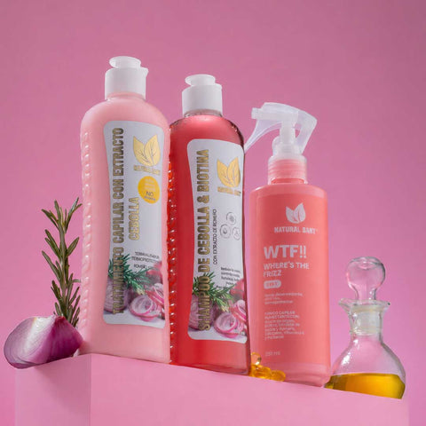 Set Shampoo y Tratamiento de Cebolla, romero y biotina + WTF Anti Frizz Gratis