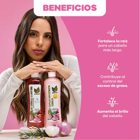 Set Shampoo y Tratamiento de Cebolla, romero y biotina + WTF Anti Frizz Gratis